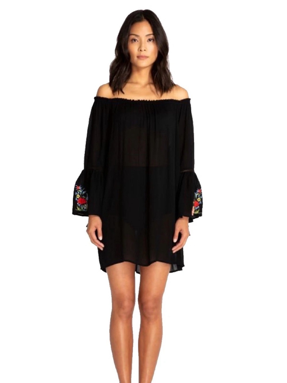 Johnny Was Casey Bell Sleeve Off-Shoulder Black Embroidered dress